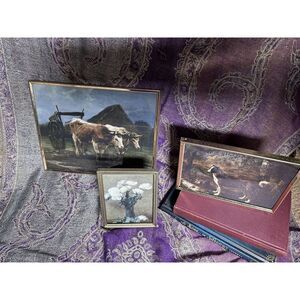 Vintage Gold Frames Set Of 3 Cow Painting Print Flower Print MCM